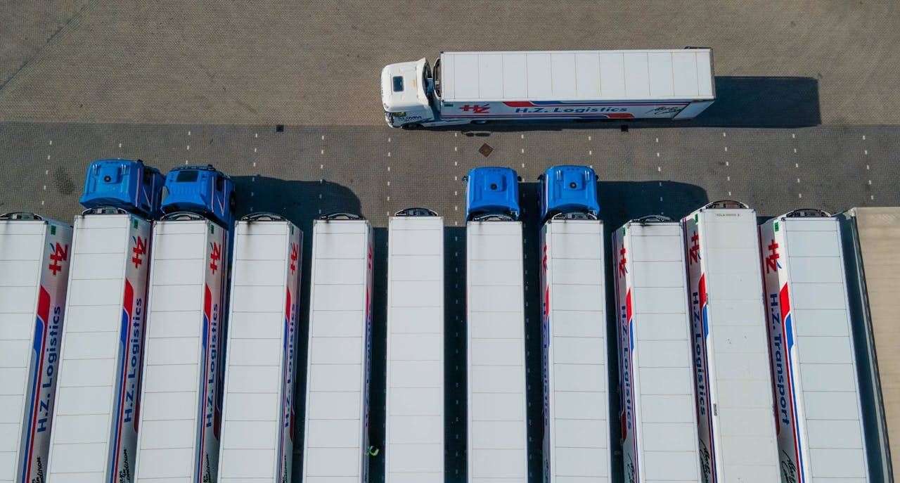 A series of trucks, overhead shot