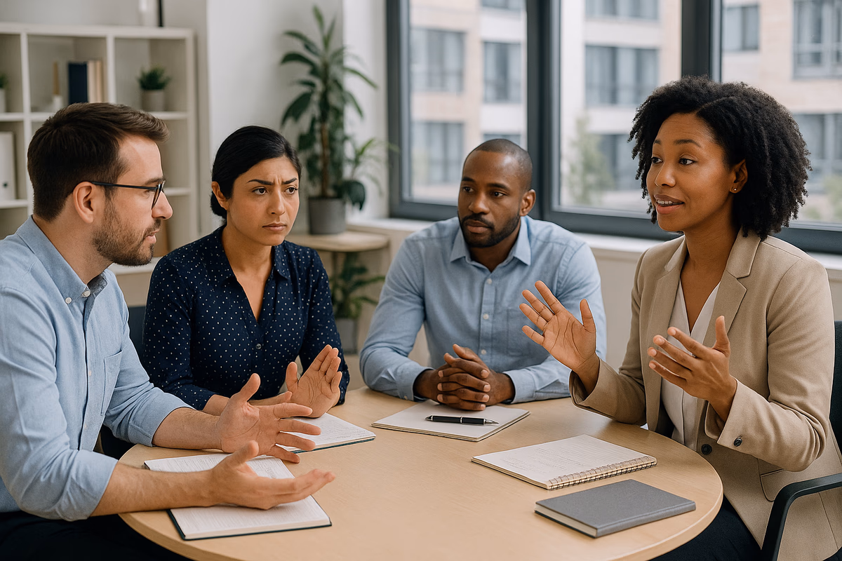 A diverse group in a modern office engaged in a conflict management coaching session, promoting supportive workplace relationships.