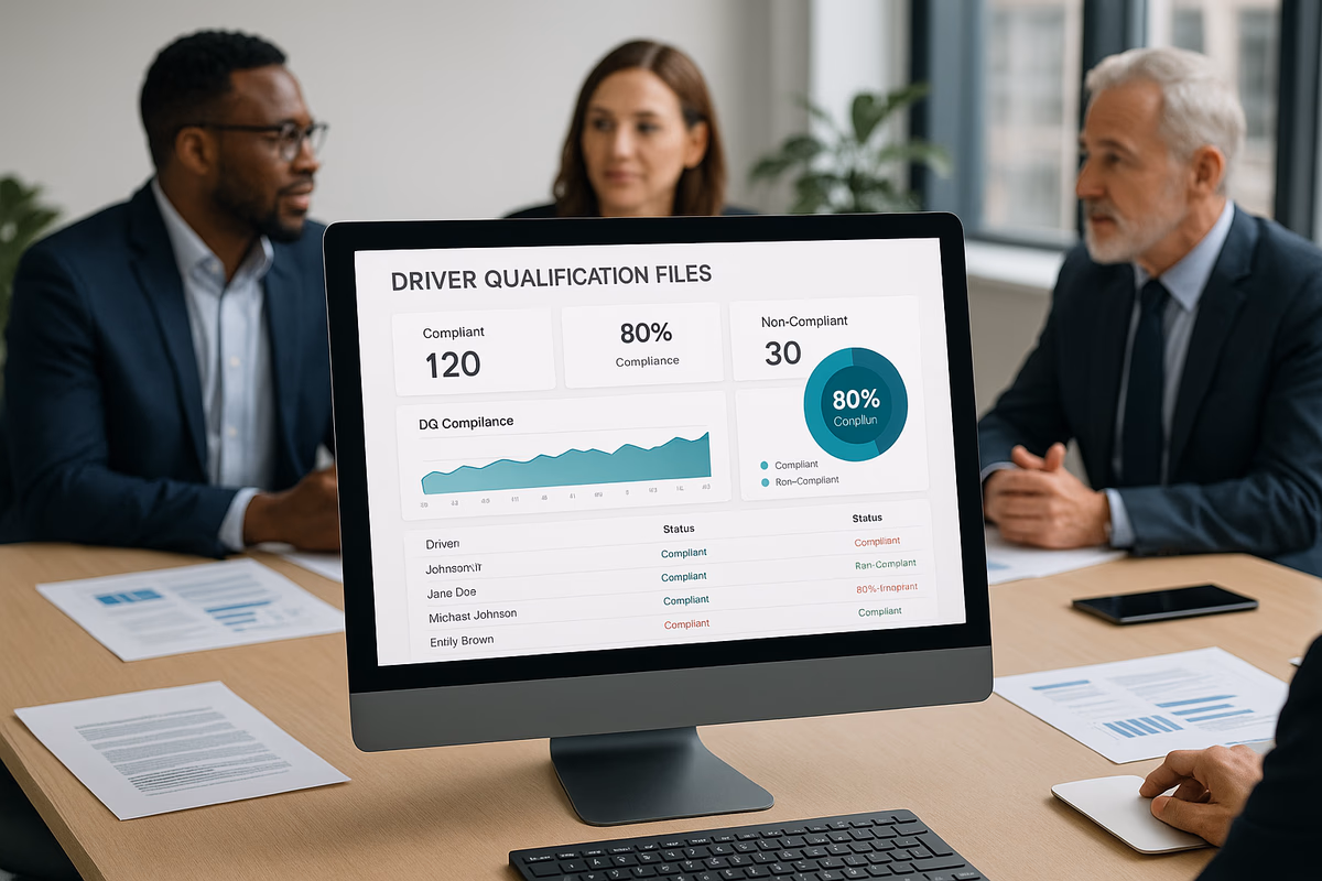 A professional team discussing DQ file management with a digital dashboard displaying compliance metrics.