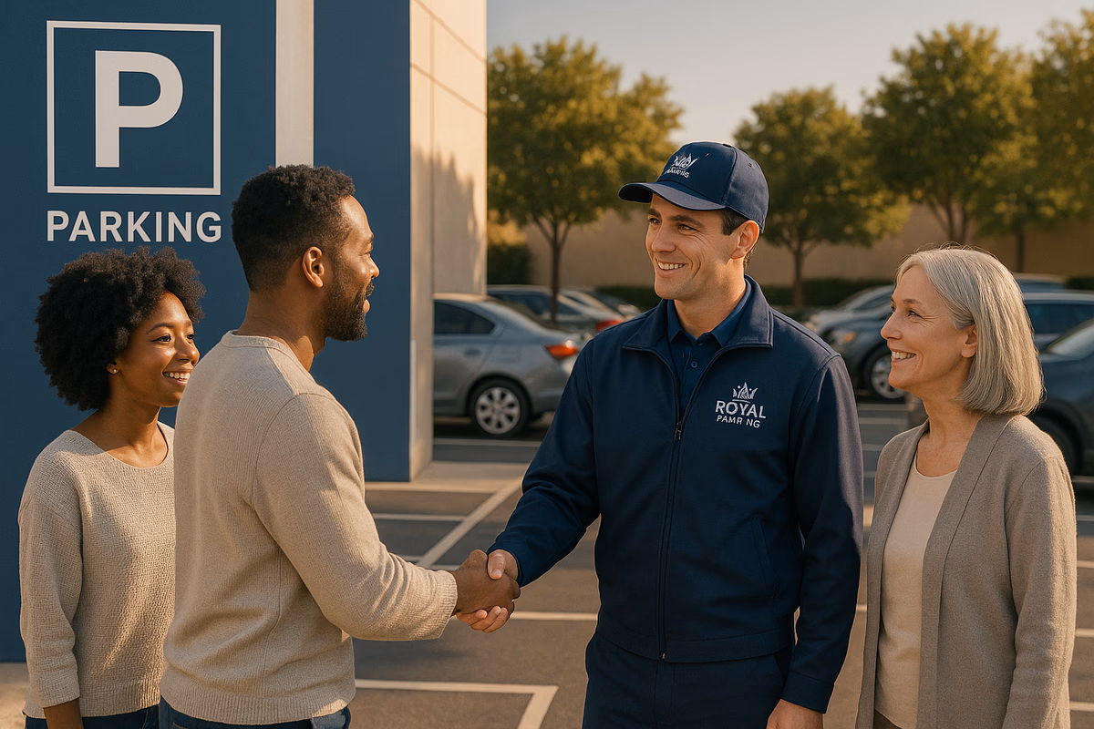 Royal Parking employee engaging with residents in a well-managed parking lot, highlighting professional service and structured management.