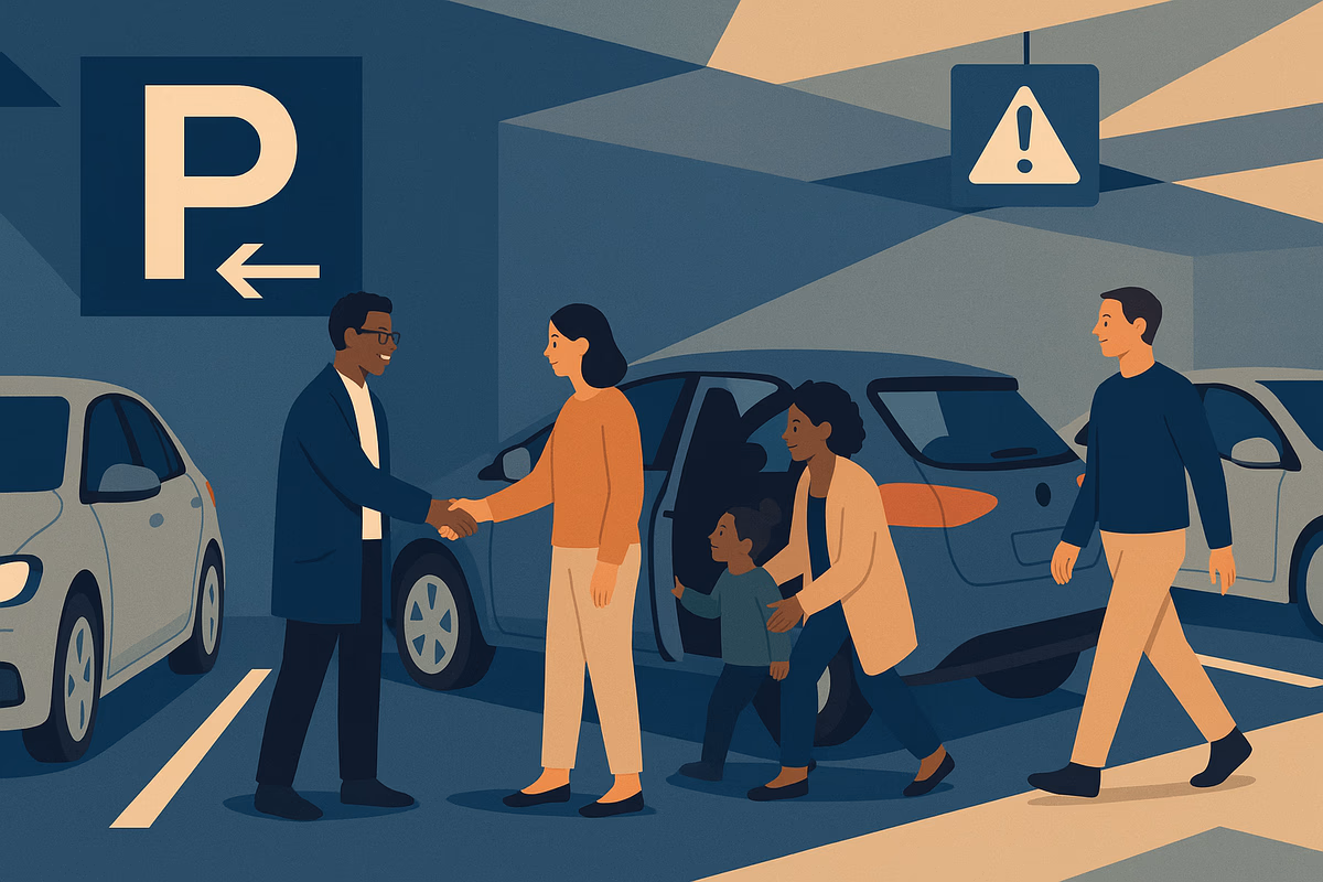 A diverse group of people in a well-managed parking facility, highlighting safety and community in a modern environment.