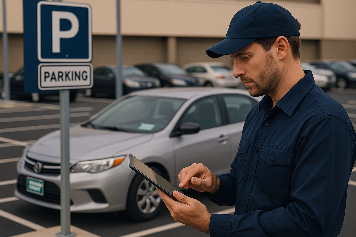 A parking management professional reviewing digital permits in a well-organized parking lot in BC.