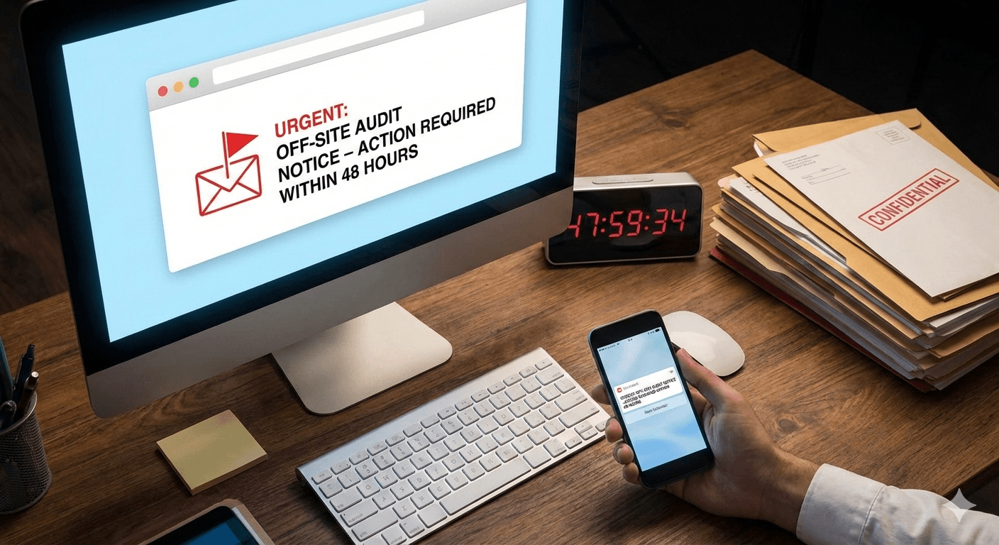 Cover image for the article "The 48-Hour Warning: What Happens When You Get an Off-Site Audit Notice"