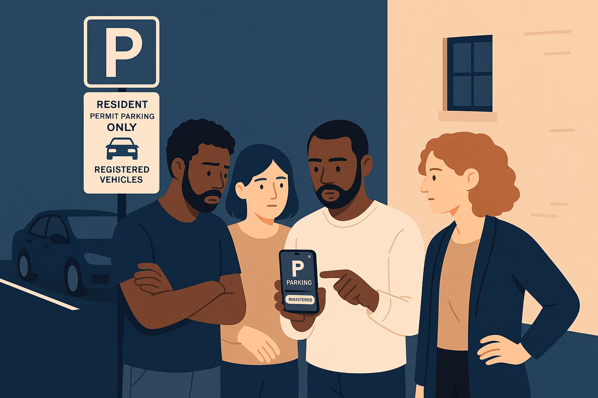 Residents discussing parking regulations in a structured parking lot, highlighting digital registration and clear signage.