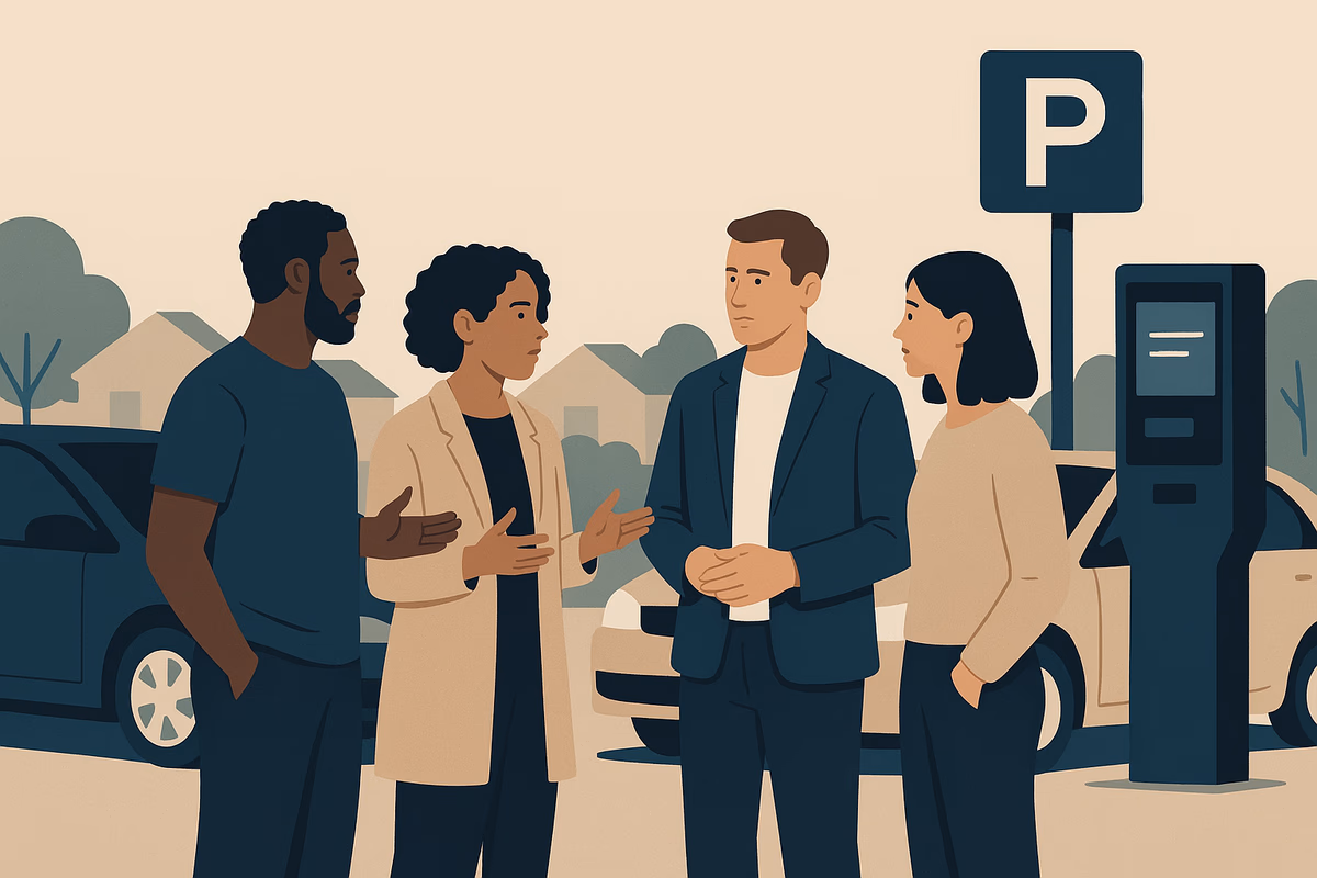 Diverse group discussing parking strategies near cars, emphasizing structured parking management in a residential area.