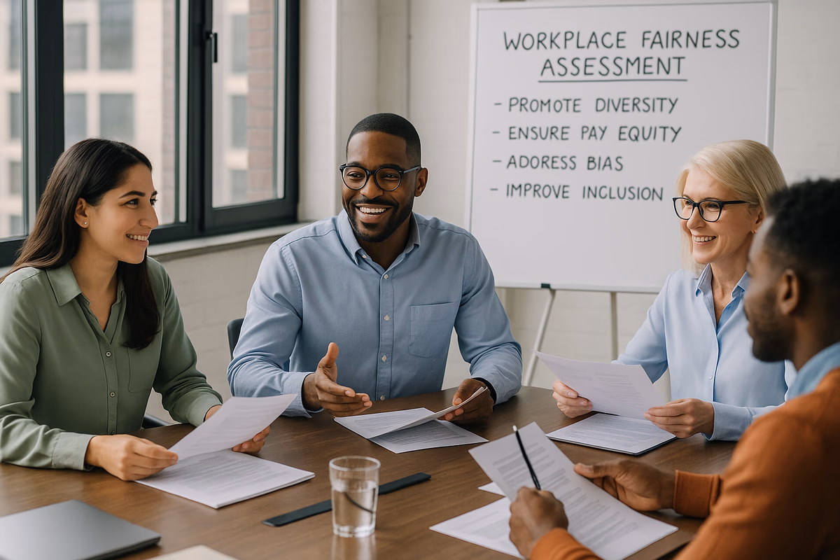 Diverse team engaged in a workplace fairness assessment meeting, discussing strategies for improving workplace dynamics.
